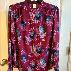 Maroon printed long sleeved blouse